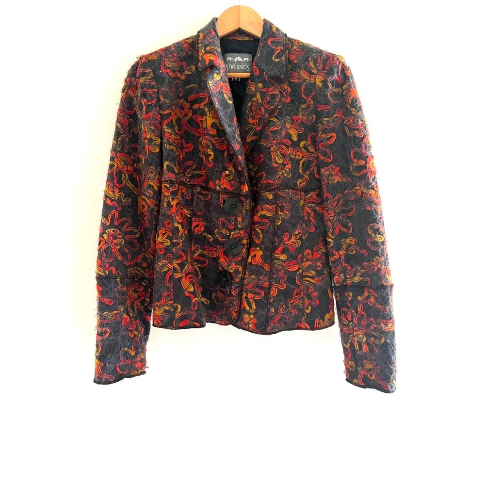 Sno Skins Wearable Art Abstract Embroidered Floral Jacket Yellow Orange Sz 8 JL